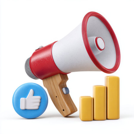 A 3D illustration of a megaphone, a social media thumbs up icon, and a bar graph symbolizing marketing and promotion.の素材