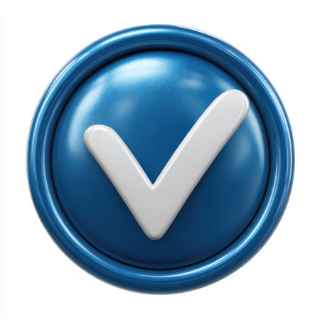 A glossy, three-dimensional blue circular button featuring a prominent white checkmark. Isolated on a white background.の素材