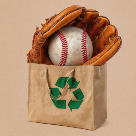 A baseball and glove are placed inside a brown paper bag featuring a prominent green recycling symbol, suggesting eco-friendly sports equipment.の素材