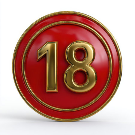 A metallic golden number 18 is prominently displayed on a textured red circular emblem with golden trim, set against a white background.の素材