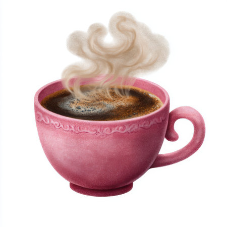 A close-up, watercolor illustration of a textured pink coffee cup filled with dark coffee, emitting wisps of steam.の素材
