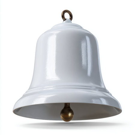 A shiny white bell with a brass clapper hangs suspended, casting a subtle shadow on a clean white background.の素材