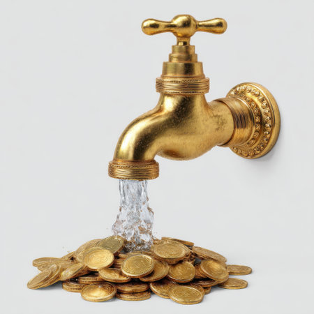 A gleaming brass faucet is shown dripping a stream of gold coins onto a pile of more coins, representing financial prosperity and a continuous flow of money.の素材