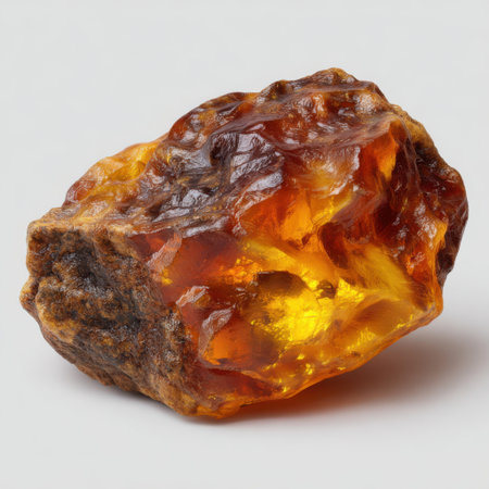A rough, unpolished piece of amber showcasing its natural texture, warm golden-orange color, and translucent quality.の素材