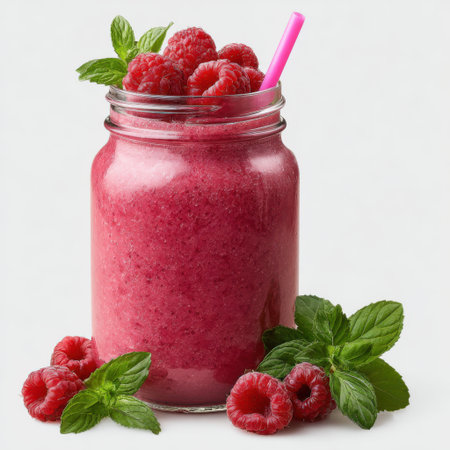 A vibrant pink raspberry smoothie is served in a glass jar, garnished with fresh raspberries and mint leaves, perfect for a healthy treat.の素材
