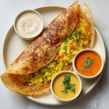 A golden brown, crispy masala dosa filled with spiced potatoes, served with sambar and two types of chutneys on a white plate.の素材