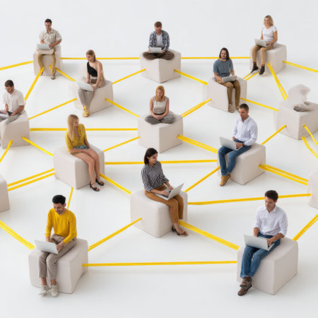 A group of diverse individuals are seated on light-colored cubes, interconnected by a web of yellow lines, suggesting a network or community.の素材