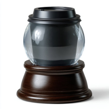 A vintage glass inkwell with a dark, ornate wooden base, featuring a black cap. It sits on a white background.の素材