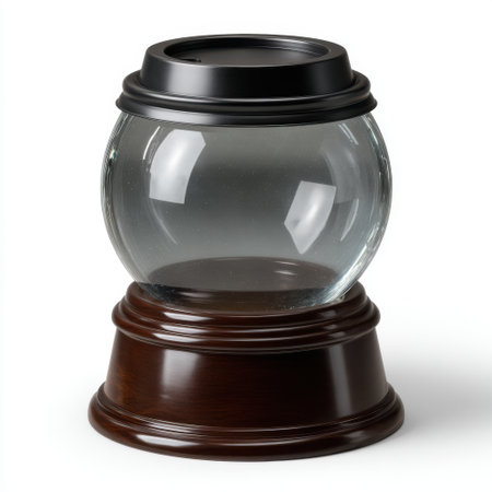 A vintage glass globe with a dark wooden base and a black lid, possibly a decorative item or a component of a larger antique object.の素材
