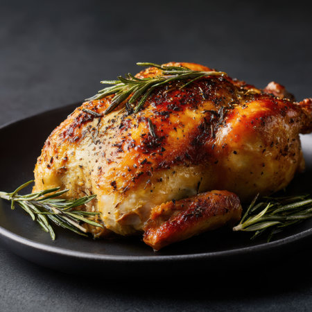 A perfectly roasted whole chicken with crispy golden-brown skin, garnished with fresh rosemary sprigs on a dark plate.の素材