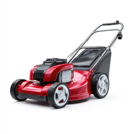 A modern red and black self-propelled rotary lawn mower is shown from a side angle on a clean white background.の素材