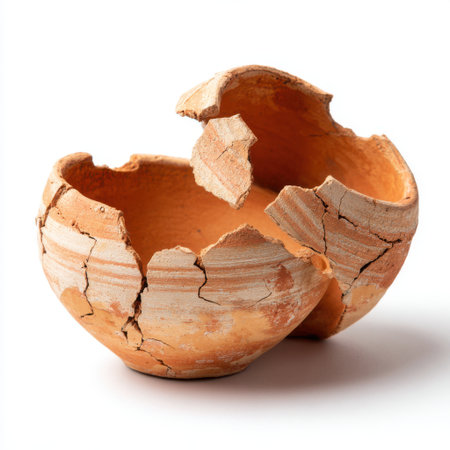 A broken piece of ancient terracotta pottery, showing its rough texture and earthy tones, isolated on a clean white surface.の素材