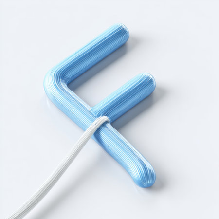 A close-up shot of a light blue, U-shaped object with a white stick extending from its center on a white background.の素材