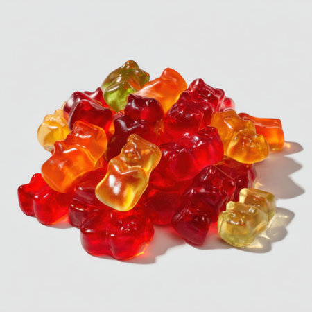 A close-up, overhead view of a heap of translucent, fruit-flavored gummy bears in various bright colors, casting soft shadows.の素材