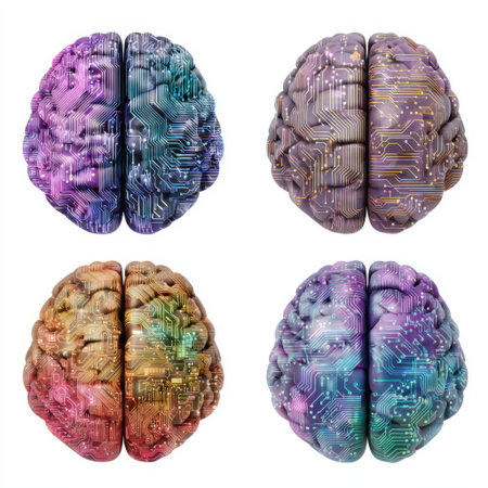 Four stylized brains, each split into two halves with distinct colorful, digital, and circuitry-inspired designs, presented on a white background.の素材