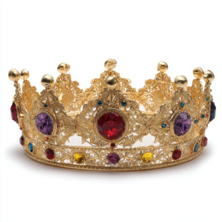 A detailed, ornate golden crown featuring a variety of colorful gemstones, including red, purple, and yellow, against a white background.の素材
