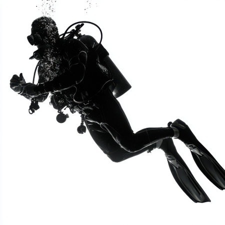 A black silhouette of a scuba diver with fins and equipment is captured mid-swim against a stark white, likely underwater backdrop.の素材