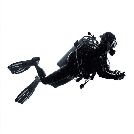 A black silhouette of a scuba diver with fins and equipment glides through the water against a white background.の素材