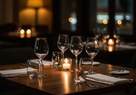 A beautifully set restaurant table with multiple wine glasses, napkins, and a glowing candle, creating a warm and inviting atmosphere.の素材