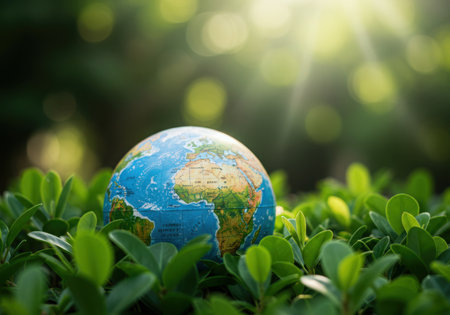 A miniature globe of Earth rests peacefully amidst vibrant green foliage, illuminated by gentle sunlight filtering through the leaves.の素材