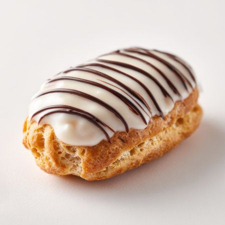 A single, golden brown eclair topped with smooth white icing and thin dark chocolate stripes, presented on a plain background.の素材