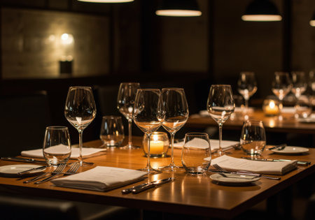 A beautifully set dining table in a dimly lit restaurant, featuring wine glasses, cutlery, napkins, and a glowing candle.の素材