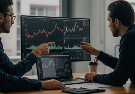 Two men are focused on computer screens displaying financial charts and data, likely discussing investment strategies and market trends.の素材