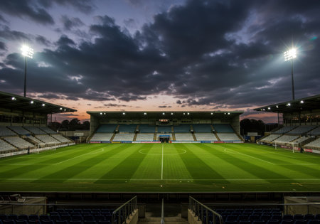 A wide shot of an empty, well-lit football stadium at dusk, with dramatic clouds and stadium lights illuminating the green pitch.の素材