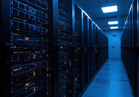 A dimly lit hallway in a data center, flanked by tall server racks filled with glowing electronic components and blinking lights.の素材