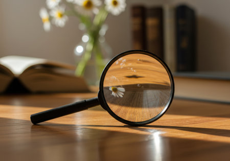 A magnifying glass rests on a sunlit wooden surface, with an open book and a vase of flowers in the background.の素材