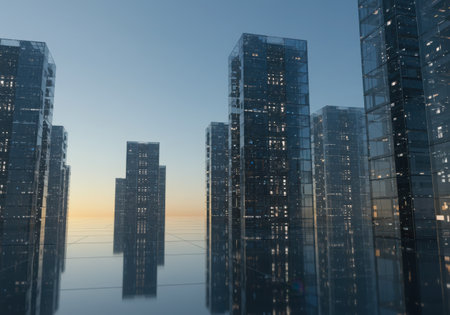 Towering modern skyscrapers with illuminated windows rise into a clear sky, their reflections shimmering on a calm body of water.の素材