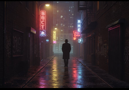 A solitary person stands silhouetted in a narrow, rain-slicked alleyway illuminated by vibrant neon signs reflecting on the wet ground.の素材