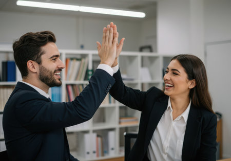 Two smiling business professionals in suits give each other a high five, celebrating a shared success in an office setting.の素材