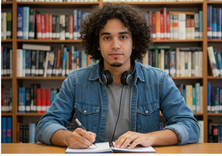 A young man with curly hair and headphones is studying in a library, writing in a notebook, surrounded by bookshelves filled with books, focused on his work.の素材
