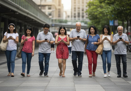 A diverse group of people are walking on the street, all engrossed in their smartphones. The scene captures the modern lifestyle, where technology connects people.の素材