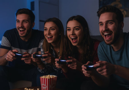 Four friends are playing video games together, sitting on a couch with popcorn and drinks. They are laughing and smiling, clearly having a great time.の素材
