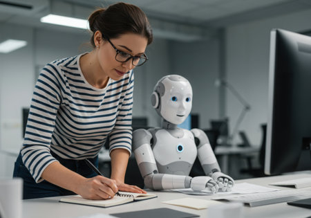 A woman is working with a robot in the office. She is writing notes on the notebook. They are collaborating on a project. The robot is helping her with her work.の素材