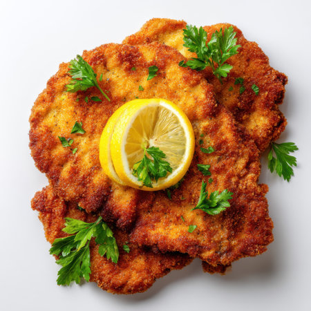 A perfectly cooked, golden-brown breaded schnitzel garnished with a fresh lemon slice and vibrant green parsley.の素材