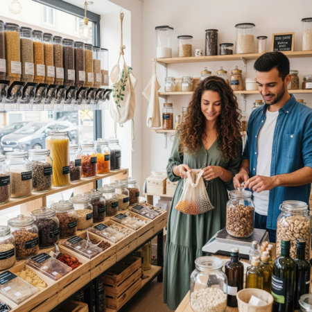 A smiling couple buys dry food in bulk at a zero waste shop, selecting groceries into a reusable mesh bag and jars for sustainable living.の素材