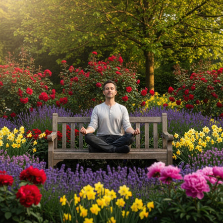 A serene man sits in a cross-legged meditative pose on a wooden park bench, surrounded by a vibrant and colorful display of blooming roses, lavender, daffodils, and peonies, embodying peace and nature.の素材