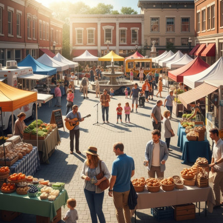 A lively outdoor farmers market scene unfolds with colorful stalls, fresh produce displays, people browsing, and a musician playing guitar, creating a vibrant community atmosphere. Sunlight streams down, illuminating the busy square.の素材