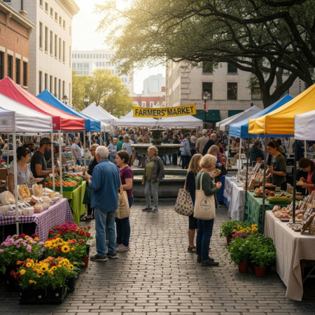 A bustling open-air farmers market scene, showcasing a variety of colorful stalls filled with produce and goods, as shoppers browse and interact on a cobblestone street under a tree-lined canopy.の素材