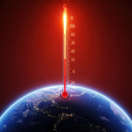 A thermometer displaying a high temperature, superimposed over the Earth, symbolizing global warming and climate change.の素材
