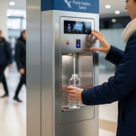 A woman is seen refilling her reusable water bottle at a modern recycling machine that counts saved plastic bottles. She presses a button on the sleek interface.の素材