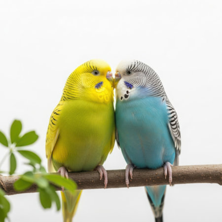 Two vibrant budgerigars, one yellow and one blue, are perched side by side on a branch. They appear to be gently touching beaks, showcasing a moment of connection and affection. The background is a soft blur, emphasizing the birds and the branch they are sitting on. The scene is serene and captures the beauty of these small, colorful birds.の素材
