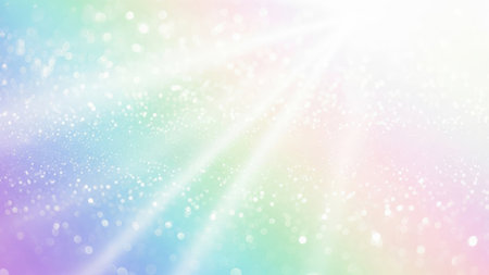 This image showcases a mesmerizing display of light and color. A radiant, prismatic glow emanates from the center, casting a spectrum of hues across the canvas. The light disperses into a gradient of pastel colors, creating a serene and ethereal atmosphere. Tiny specks of light scatter throughout, adding to the dreamy effect.の素材