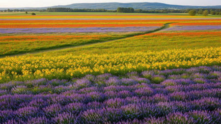 This image captures a breathtaking landscape of flower fields in full bloom. The scene is dominated by rows of colorful flowers, including yellow, purple, and red blooms. The fields stretch out towards the horizon, creating a stunning contrast against the distant hills and the clear sky. The image exudes a sense of tranquility and natural beauty, showcasing the vibrant colors of nature.の素材