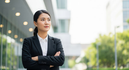 The image features a confident businesswoman standing in an urban setting. She is dressed professionally in a black blazer and white shirt, with her arms crossed. The background includes modern buildings and greenery, suggesting a bustling city environment. Her determined expression and posture convey professionalism and self-assurance.の素材