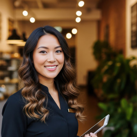 The image features a smiling woman with long, wavy hair holding a tablet device. She is wearing a dark-colored blouse and appears to be in a well-lit, indoor setting with hanging lights and greenery in the background. The atmosphere seems professional and welcoming.の素材
