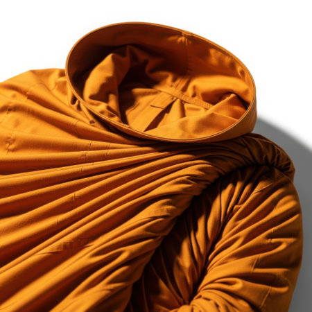A close-up view of a warm, orange hooded jacket. The jacket features a drawstring hood and quilted design, providing both style and comfort. The fabric appears soft and cozy, perfect for cold weather.の素材